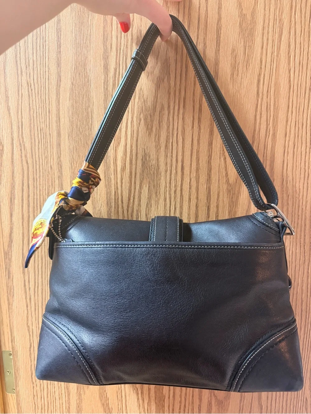 Coach Black Leather Shoulder Bag with Buckle and Navy Scarf Accent